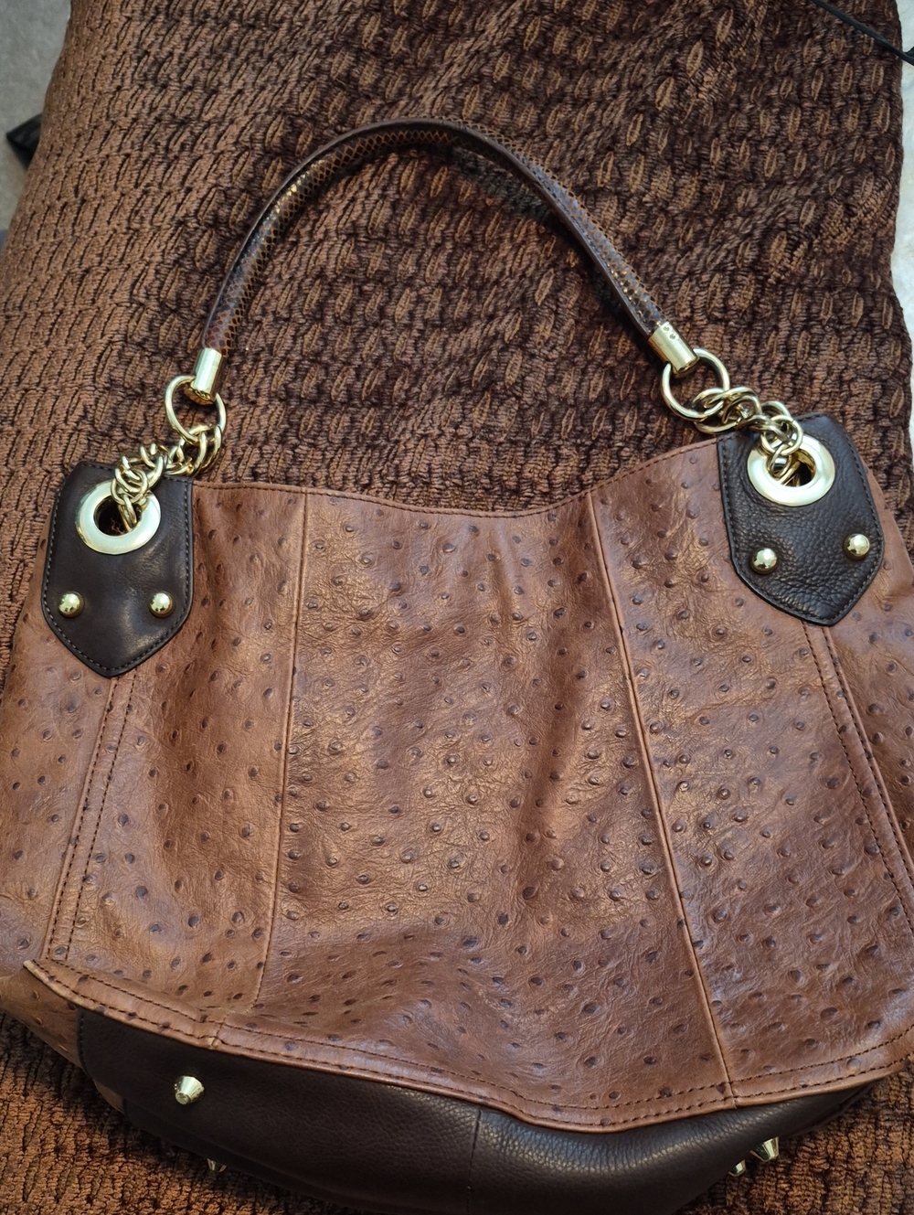 Cynthia Rowley Ostrich-Embossed Leather Shoulder Bag in Brown & Black